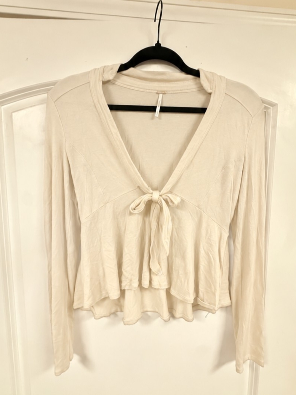 Free People Ivory Tie Front Deep V Peplum Long Sleeve Top
